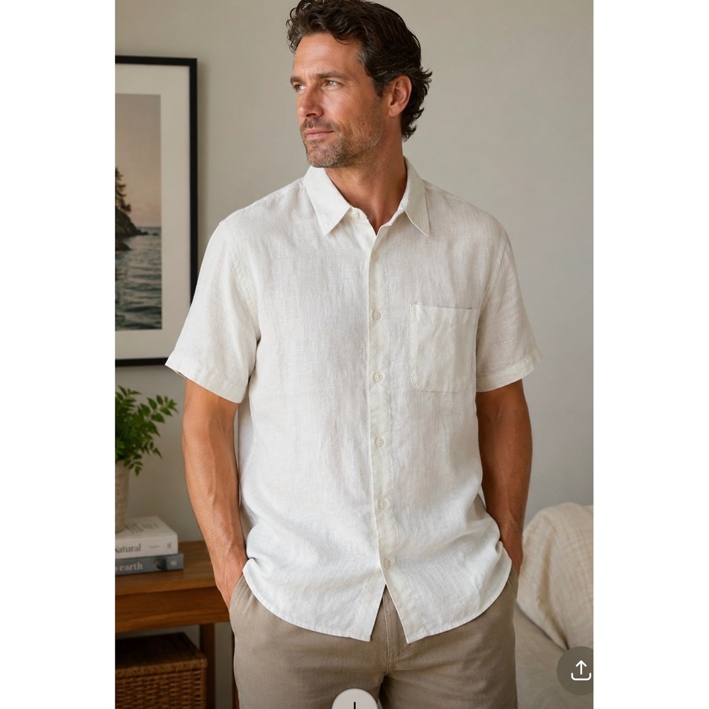 Alan Flusser Mens White 100% Linen Short Sleeve Button Down Shirt Size M Pocket